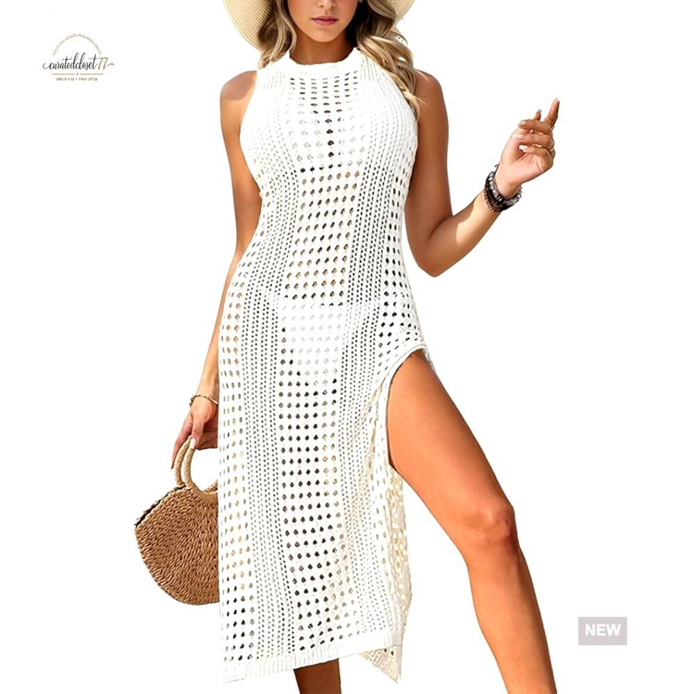 Women's Crochet Mesh Maxi Beach Cover Up Dress Fitted Pull On